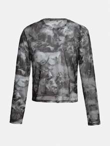 FeverCity Camiseta de manga larga casual y versátil con cuello redondo y estampado total para hombres - Blanco y Negro - Ver 2