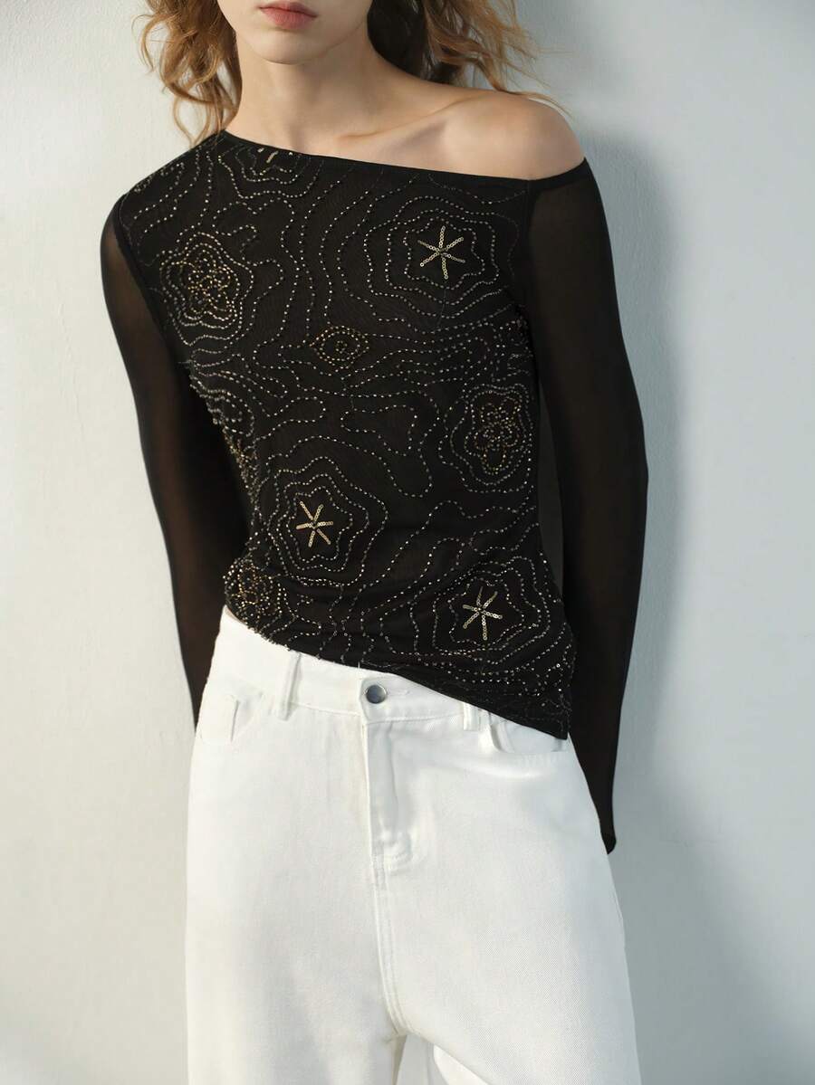 Maija Black 1pc Women's Black & Gold Semi-Sheer Beaded Embroidered Fitted Asymmetric Shoulder Top Long Sleeves  Beach Outfit Holiday Outfits Sequin - Black and Gold - View 1