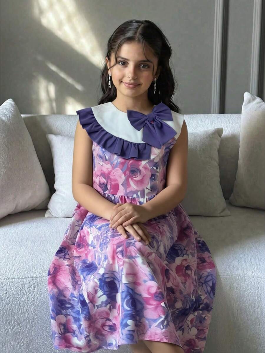 SHEIN Tween Girl Bow Decor Floral Pattern Cute Dress - Blue - View 1