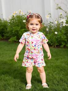 SHEIN Infant Girls Digital Printed Casual Holiday Outfit Set - Multicolor - View 8