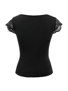 SHEIN PETITE Petite Women Lace Patchwork Deep V-Neck Slim Fit T-Shirt - Black - View 2