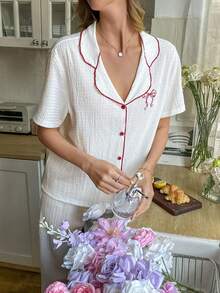 SHEIN 2pcs Women Bow Embroidered Collar Jacquard Knit Short Sleeve Pajama Set - White - View 4