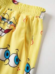 SpongeBob SquarePants | SHEIN 男士趣味卡通图案短袖上衣和短裤家居服套装，夏季 - 黃色 - 查看 7