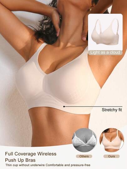  1pc NudeFit Women Solid Color Seamless Jelly Gel Padded Bra With Side Mesh Inset, Non-Removable Cups, Wireless Deep V Neck Bra