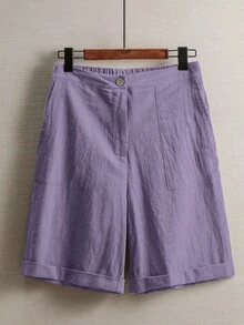 Qadelle Quần short nữ dáng nhỏ nhắn, mùa hè, kiểu dáng thường ngày, đi làm, màu trơn, cạp chun, rộng rãi, thoải mái, chất liệu vải lanh. - Màu tím - Xem 3