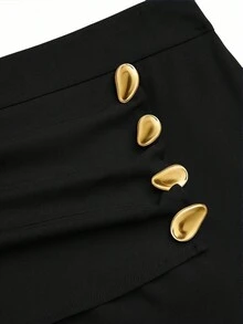 Sweetra Plus Size Women's Design 2 In 1 Metal Buckle Decor Suit Pants, Slimming, Elegant, Versatile, Suitable For Work And Casual Wear, Straight Leg, Autumn/Winter Ruffle Pants Fold Over Pants Black Flare Pants Pants Wide Leg - Black - View 3