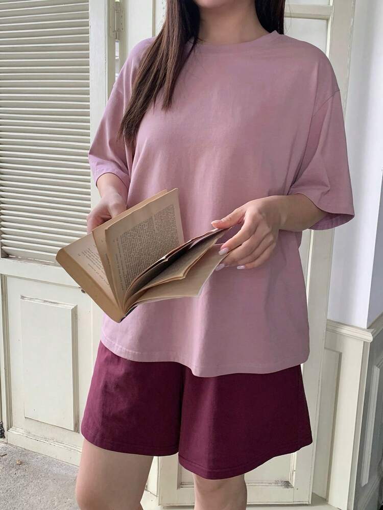 Dazy Plus 2pcs Casual Lounge Wear Set, Loose Short Sleeve Top And Elastic Waist Shorts, Plus Size Women Pajamas, Spring/Summer