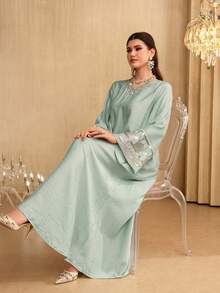 Al Najma 时尚V领花卉蕾丝喇叭袖连衣裙，春夏款 - 薄荷綠 - 查看 7