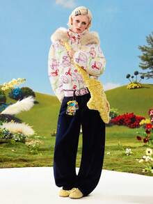 Teletubbies X ROMWE Women's Autumn/Winter Warm Patchwork Faux Fur Trim Hooded Padded Coat