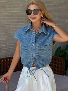 Livesso Spring & Summer Loose Business Casual Fashion Office Wear Textured Plaid Waist Tie Sleeveless Jacket Lightweight Outdoor Denim Vest For Women - Medium Wash - View 5