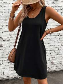 SHEIN LUNE 女士U领95%纯棉休闲简约吊带连衣裙，适合夏季穿着 - 黑色 - 查看 7
