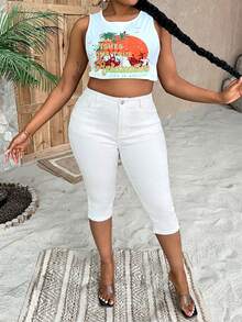 SHEIN Lady Quần jeans nữ cỡ lớn cạp cao ôm sát, dáng suông, dài đến đầu gối, đa năng. - màu đen - Xem 4