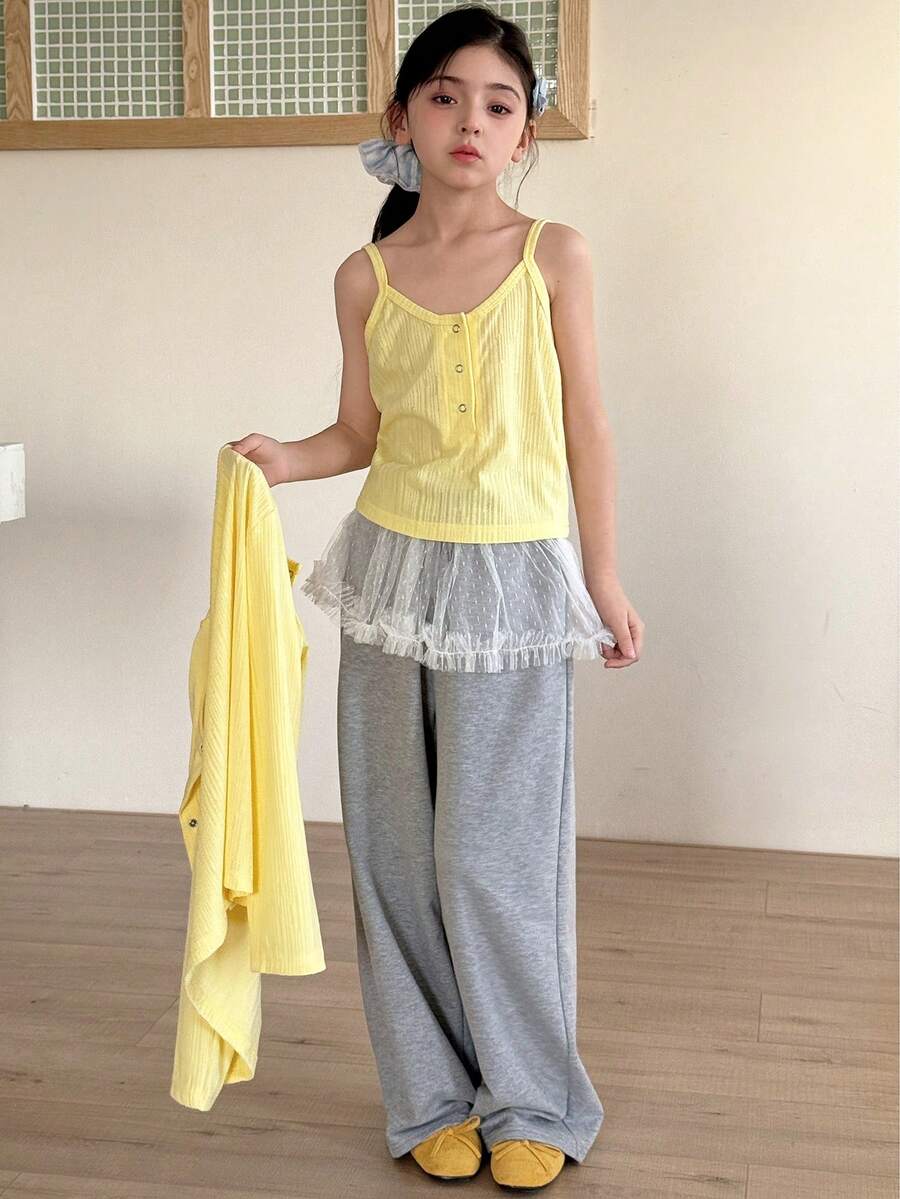 DAZY Tween Girl Solid Color Button-Front Long Sleeve Jacket And Camisole Set - Yellow - View 1