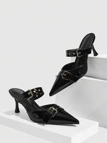 CUCCOO SZL Punk Style Metal Buckle Pointed Toe Patent Leather Sandals, Suitable For Street Style, Party And Other Occasions - Black - View 2