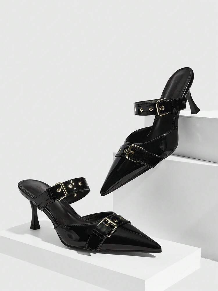 CUCCOO SZL Punk Style Metal Buckle Pointed Toe Patent Leather Sandals, Suitable For Street Style, Party And Other Occasions Prom Heels