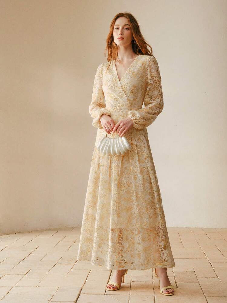 WOMEN'S CROSSED COLLAR FULL LACE PRINT LONG DRESS