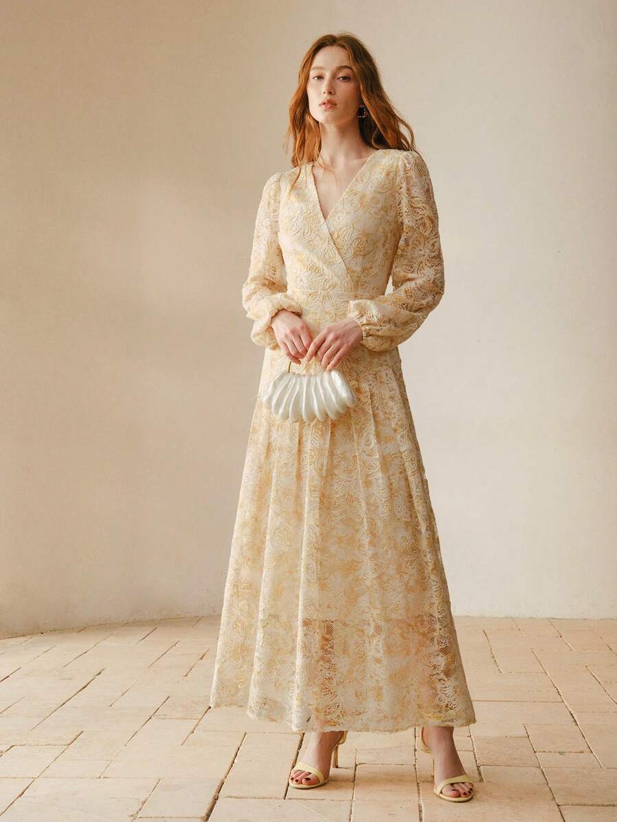 MOTF PREMIUM WOMEN'S CROSSED COLLAR FULL LACE PRINT LONG DRESS - Yellow - View 2