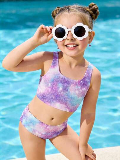 SHEIN 紫色星空美人鱼印花少女休闲简约吊带背心和三角比基尼泳衣套装，适合夏季穿着