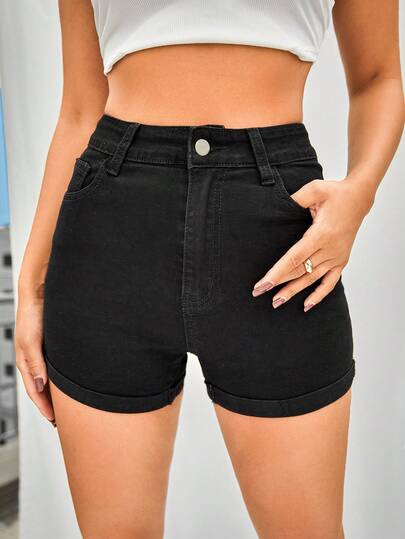SHEIN Tall Women's High Waist Pocketed Skinny Casual Versatile Denim Shorts Summer