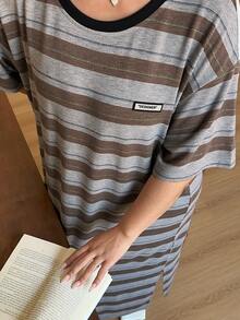 Dazy Plus Plus Size Women's Letter & Striped Pattern Round Neck Short Sleeve Casual Nightgown Pajamas - Brown - View 4