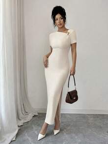 Rafferiza Women's Elegant Sexy Solid Color Gold Decor Button Asymmetric Collar Short Sleeve Fitted Split Hem Midi Knit Dress - Beige - View 5