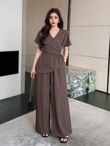 DAZY Women's Casual, Office, Commute Surplice Neck Wrap Fitted Top And Wide Leg Pants 2 Pieces Set, Spring/Summer/Autumn - Coffee Brown - View 3