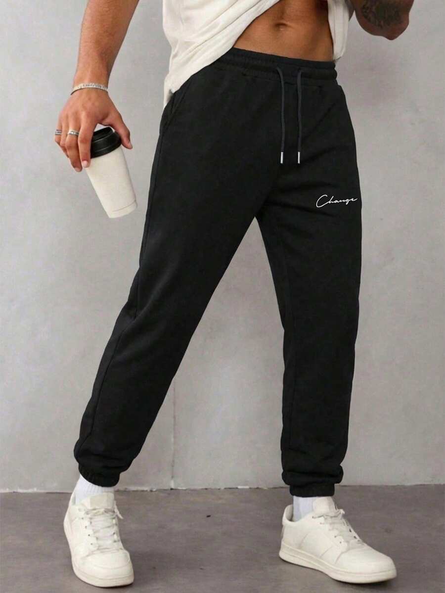 RueChic Men Letter Graphic Drawstring Waist Sweatpants - Black - View 1