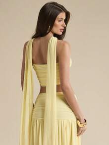 SHEIN BAE 黄色纯色褶皱抹胸上衣和低腰褶皱腰带长裙两件套，沙滩度假装，夏季波西米亚风露背连衣裙，女士演唱会服装，婚礼伴娘两件套，黄色两件套 - 黃色 - 查看 7