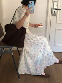 FRIFUL Đầm ngắn tay phồng in hoa cài cúc dành cho nữ, kiểu dáng thường ngày, thích hợp dự tiệc cưới mùa xuân. - trắng - Xem 4