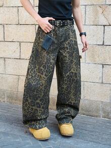 Manfinity EMRG Men's Leopard Print Pocket Casual Versatile Daily Wear Wide Leg Jeans Guys Guys Baggy Leopard Print Jeans - Multicolor - View 8