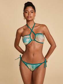 Travachic 女士全印花亮片拼接露背比基尼套装 - 彩色 - 查看 5