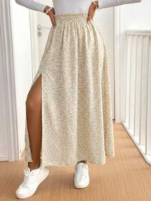 SHEIN Frenchy Women's Ditsy Floral Elastic Waist Frill Trim Split Skirt - Apricot - View 6