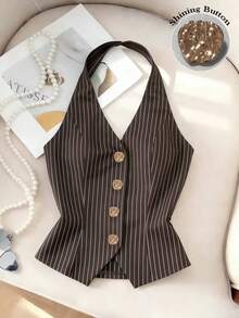Franclia Women's Casual Commuter Striped Print Metal Button Halter Neck Top, Summer - Brown - View 3