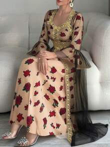 Al Najma New Design 2 In 1 Burgundy Rose Elegant Elegant Romantic Metal Lace Luxurious Party Dress - Multicolor - View 1