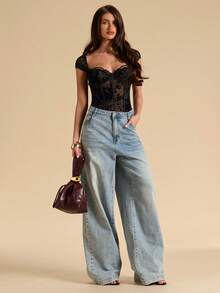 SHEIN BAE Women's Black Short Sleeve Bodysuit, Sexy & Elegant Blouse, Commuter Bodysuit, Party Bodysuit, Young Fashionable Bodysuit, Lace Trim Bodysuit, Beach Holiday Casual Bodysuit, Daily Wear, Y2K Style, Beach Outfit, Holiday Evening Wear - Black - View 3