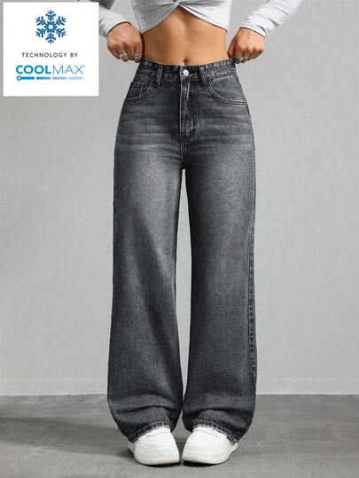 SHEIN ICON Celana Jeans Streetwear Kasual Potongan Lurus Longgar dengan Saku, Warna Abu-abu Gelap, Cocok untuk Sehari-hari, Musim Panas, dan Sekolah.