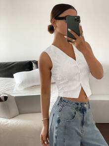 Siren Gaze Áo hai dây nữ tối giản, chất liệu có họa tiết, cài cúc phía trước, thích hợp mặc hàng ngày vào mùa hè. - trắng - Xem 5