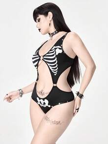 Bộ jumpsuit nữ phong cách Gothic bằng lụa sữa với họa tiết xương và chi tiết đinh tán, gợi cảm. - màu đen - Xem 4