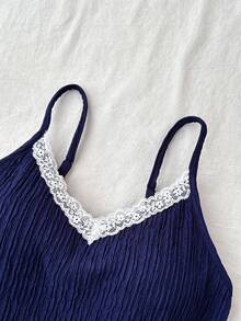 SHEIN Teen Girl Summer Navy Blue Knit Texture Contrast Lace Camisole, Suitable For Layering Or Wearing Alone - Blue - View 3