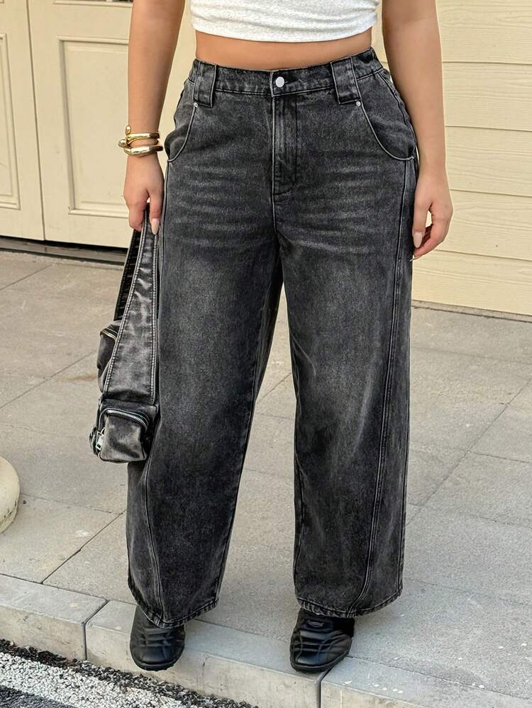 Dazy Plus Plus Size Women Vintage Dark Washed Blue Loose Harem Street Style Casual Long Jeans, Versatile For All Seasons