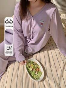 Dazy Plus 2pcs/Set Solid Color Cartoon Print Loose Long Sleeve Top And Long Pants Pajama Set, Purple Plus Size Women Spring/Autumn - Purple - View 4