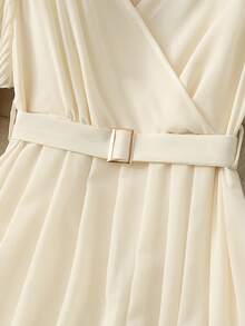 Franclia 女士优雅V领雪纺褶皱摆裙，金属纽扣系腰飘逸连衣裙，春夏款 - 杏色 - 查看 4