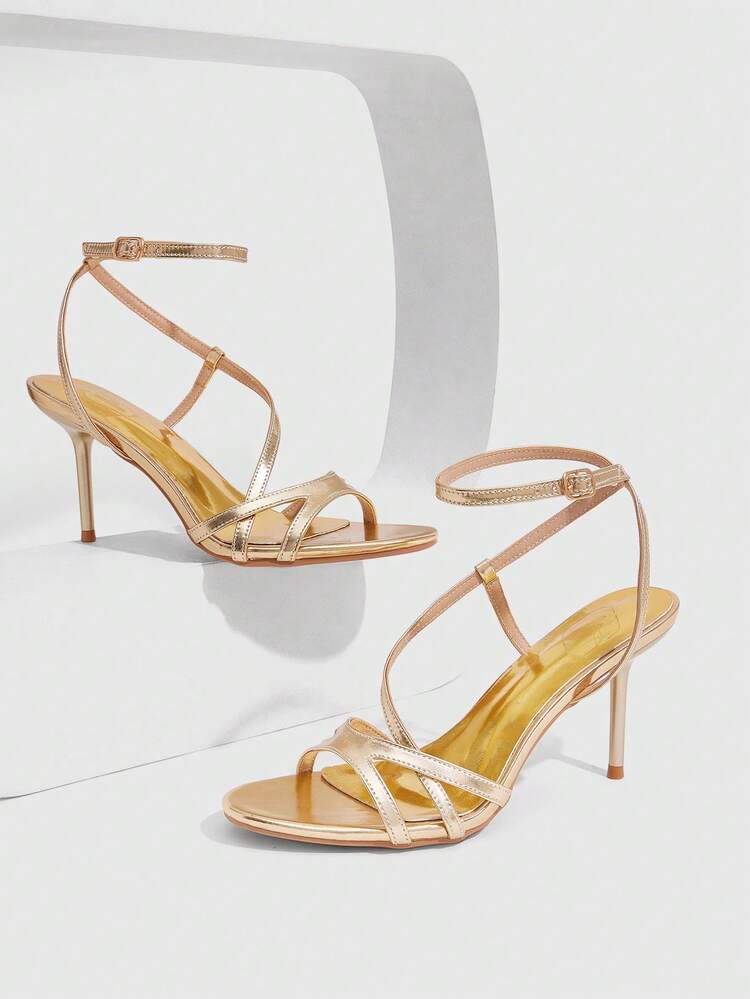 CUCCOO SZL Women Shoes Spring Summer T-Strap Crossed Strap Metal Patent Leather Glossy Open-Toed High Heel, Celebrity Style, Light Gold Women's High Heel Sandals Banquet Party Annual Meeting Dating Commuting Shopping Holiday Gifts