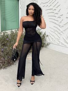 Alexandranx 女士纯色网眼褶皱露肩连体裤 - 黑色 - 查看 6