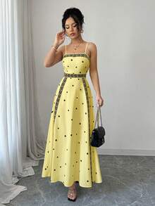 Elenzga Vestido de tirantes finos con cintura ceñida y estampado, para primavera/verano - Multicolor - Ver 5