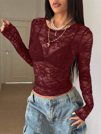 StreetHx Women's Fashionable Solid Color Sexy Sheer Fitted Long Sleeve Lace Blouse