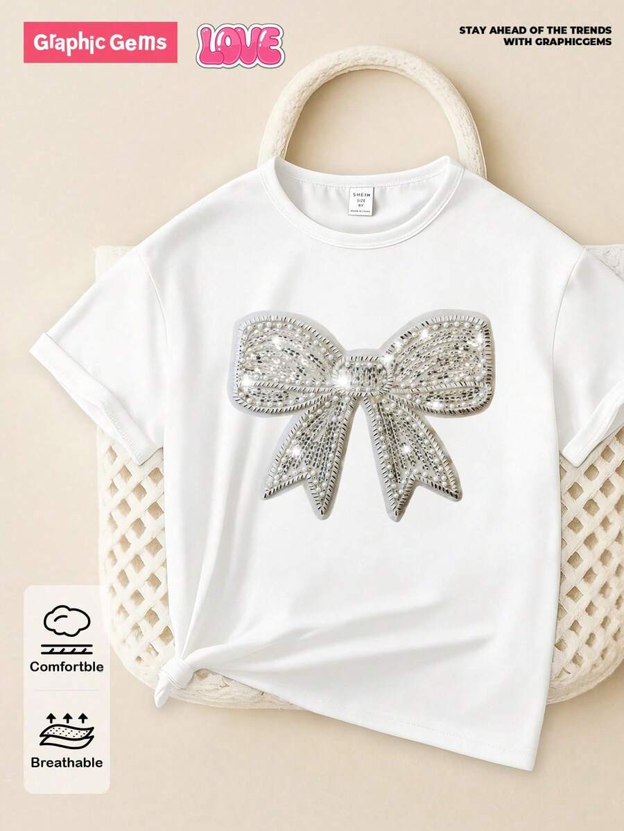 SHEIN GraphicGems Áo thun trắng cơ bản dành cho bé gái tuổi teen, phong cách thường ngày, sáng tạo, cá tính, tươi mới, tối giản, điểm nhấn là nơ trang trí lấp lánh, in chữ và khẩu hiệu, thoải mái khi mặc hàng ngày, phù hợp cho mùa xuân, hè và thu. - trắng - Xem 1