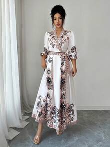 Elenzga Paisley Print Tie-Up Wrap Long Elegant Dress - Apricot - View 6