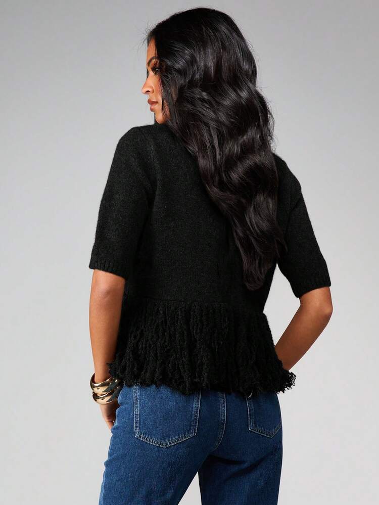 MISSGUIDED Oversized Chunky Knit Sweater With Fringe Hem Detail Round Neck Three Quarter Sleeve Pullover Jumper For Fall Winter