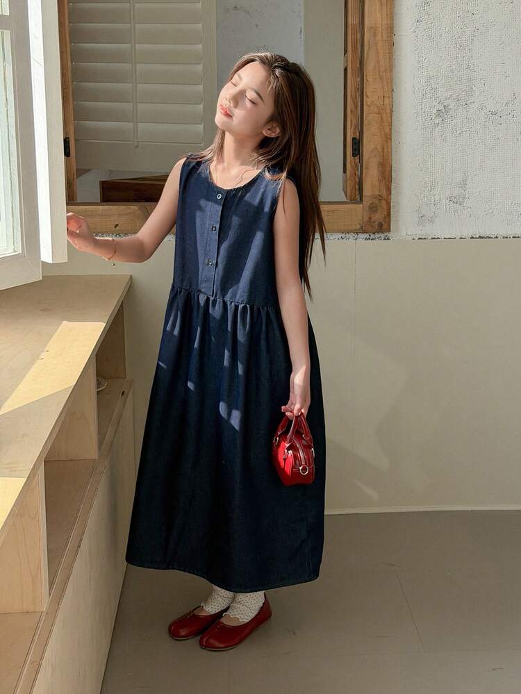 Tween Girls' Round Neck Sleeveless Denim Dress